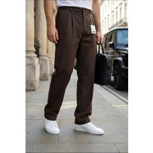 Ser Joven Erkek Kahverengi Baggy Fit Rahat Kesim Pileli Kumaş Pantolon