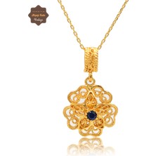 Midyat Nurtaş Gümüş Safir Taşlı Gül Model Gold Kaplama 925 Ayar Gümüş Telkari Kolye 201025488