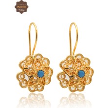 Midyat Nurtaş Gümüş Firuze Taşlı Gül Model Gold Kaplama 925 Ayar Gümüş Telkari Kadın Küpe 201025491