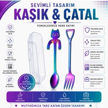 Gökkuşağı Kedi Tasarımlı Paslanmaz Çelik Kaşık ve Paslanmaz Çelik Çatal + Saklama Kutusu