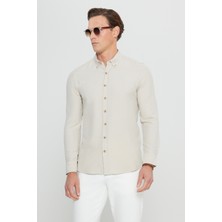 Altınyıldız Classics Erkek Bej Slim Fit Dar Kesim Düğmeli Yaka Armürlü Gofre Desenli Gömlek