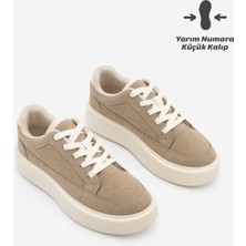 Marjin Kadın Sneaker Bağcıklı Kalın Taban Spor Ayakkabı Domen Bej Süet
