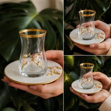 Elta Collection 6 Kişilik Gold Detaylı Cam Çay Bardağı ve Porselen Tabak Seti Lüks Tasarım Sunumluk