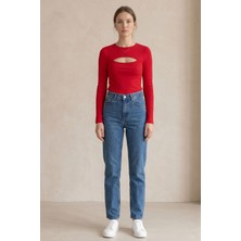 Lupinn Kadın Kırmızı Cut Out Bluz Uzun Kollu Fit Kalıp Göğüs Dekolteli Modern Şık Üst Bluz