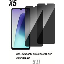 PSGT 5'li Rm 14C/14R/A3PRO/A4 5g/a5 4g/xm Poco C75 Hayalet Ekran Koruyucu Kırılmaz Cam Privacy Yandan Görünmez
