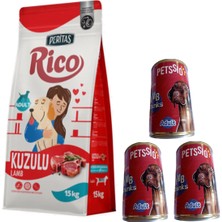 Rico Kuzu Etli Yetişkin Köpek 15 kg +(Petssıo Kuzulu Konserve Köpek Maması X3 Adet )