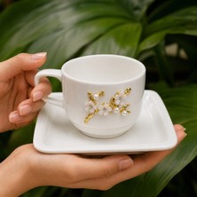 Elta Collection 6 Kişilik Kelebek-Papatya Figürlü Porselen Kahve - Çay Fincanı Seti Gold Detaylı Lüks Sunumluk