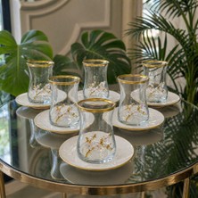 Elta Collection 6 Kişilik Gold Detaylı Cam Çay Bardağı ve Porselen Tabak Seti Lüks Tasarım Sunumluk