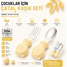Jojobebek Sarı Renk Ayıcık Figürlü Premium Çocuk BPA Free Silikon Sap Paslanmaz Çelik Uçlu Çatal-Kaşık Set ve Saklama Kutusu 9+ Ay
