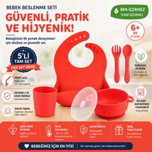 Jojobebek Silikon Beslenme Seti, Silikon Vakumlu Kapaklı Mama Kase, Önlük, Bardak, Çatal-Kaşık / Kırmızı