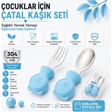 Jojobebek Ayıcık Figürlü Premium Çocuk Bpa'sız Silikon Saplı Paslanmaz Çelik Uçlu Çatal-Kaşık/saklama Kutusu 9+Ay