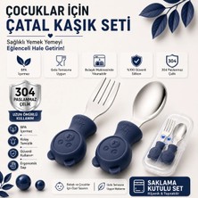 Jojobebek Lacivert Renk Ayıcık Figürlü Premium Çocuk BPA Free Silikon Sap Paslanmaz Çelik Uçlu Çatal-Kaşık Set ve Saklama Kutusu 9+ Ay