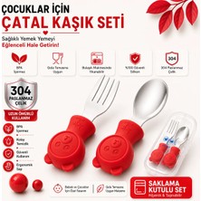 Jojobebek Kırmızı Renk Ayıcık Figürlü Premium Çocuk BPA Free Silikon Sap Paslanmaz Çelik Uçlu Çatal-Kaşık Set ve Saklama Kutusu 9+ Ay
