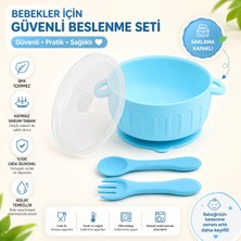 Jojobebek Kapaklı Vakumlu Silikon Mama Kasesi, Silikon Kaşık ve Çatal / Mavi Renk