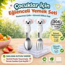 Jojobebek Figürlü Açık Gri Premium Çocuk Bpa Free Silikon Saplı Paslanmaz Çelik Uçlu Çatal-Kaşık, (9+ Ay)