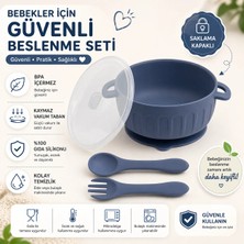 Jojobebek Vakumlu Silikon Kapaklı Mama Kasesi, Silikon Kaşık Ve Çatal / Lacivert