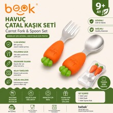 Jojobebek Turuncu Renk Havuç Figürlü Premium Çocuk BPA Free Silikon Sap Paslanmaz Çelik Uçlu Çatal-Kaşık Set ve Saklama Kutusu 9+ Ay