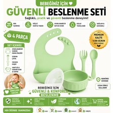 Jojo Silikon Beslenme Seti ; Silikon Önlük, Kapaklı Kase, Çatal ve Kaşık (Yeşil Renk)