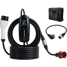 Pluginn 22 Kw Taşınabilir Mobil 6 Metre Elektrikli Araç Şarj Istasyonu Tip 2 | 32A | 5 Pin Cee Adaptör ve Schuko Adaptör | Otomatik Akım Ayarı | Taşıma Çantalı