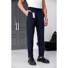 Modamesto Erkek Lacivert Slim Fit Likralı Beli Lastikli Bağcıklı Yan Cep Jogger Kumaş Pantolon