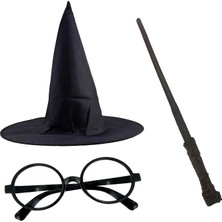 Samur Harry Potter Şapkası Siyah Renkli 3 Lü Set Gözlük ve Asa ile Eğlenceli Aksesuar