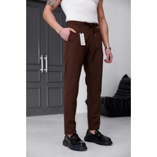 Ser Joven Erkek Kahverengi Slim Fit Likralı Beli Lastikli Bağcıklı Yan Cep Jogger Kumaş Pantolon