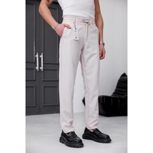 Modamesto Erkek Bej Slim Fit Likralı Beli Lastikli Bağcıklı Yan Cep Jogger Kumaş Pantolon