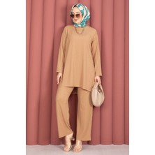 TKM Yanları Yırtmaçlı Tunik Pantolon Takım Camel