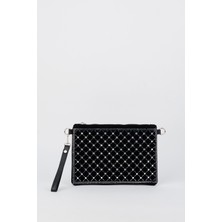 Vivaq Kadın Kapitone Gümüş Taşlı Süet Bilek Askılı ve Zincir Askılı Portföy El ve Clutch Çanta