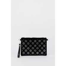 Vivaq Kadın Puantiyeli Gümüş Taşlı Süet Bilek Askılı ve Zincir Askılı Portföy ve Clutch Çanta