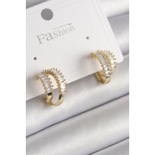 Pirinç Gold Renk 2'li Zirkon Taşlı Halka Model Kadın Küpe - Lisinya