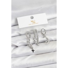 Pirinç Gümüş Renk Zirkon Taşlı Uzay Model Ysx Trio Küpe Seti - Lisinya