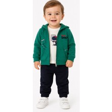 Chicsy Baby Erkek Bebek Dino Baskılı Kapüşonlu 3lü Takım Fermuarlı Hırka Tişört Pantolon