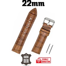 Saatse 22mm Açık Kahverengi Taba Kroko Bombeli Hakiki Deri Saat Kordonu Kayış