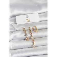 Pirinç Gold Renk Pembe Zirkon Taşlı 3'lü Kadın Küpe - Lisinya