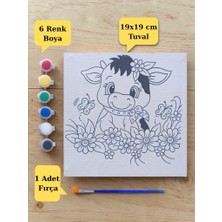 Nostaljik Lezzetler Tuval Boyama Sevimli Inek Baskılı Çocuklara Özel Aktivite Seti 19X19 cm (Tuval, Fırça ve 6 Renk Akrilik Boya Seti)