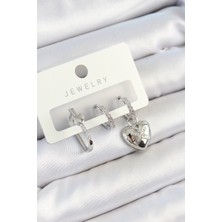 Pirinç Zirkon Taşlı Kalp Model Gümüş Renk 3'lü Çift Kadın Küpe Set - Lisinya