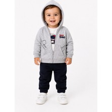 Chicsy Baby Erkek Bebek Dino Baskılı Kapüşonlu 3lü Takım Fermuarlı Hırka Tişört Pantolon