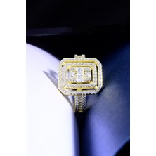 Innuendo Jewelry 925 Ayar Gümüş Altın Kaplama Dikdörtgen Form Işıltılı Kadın Yüzük