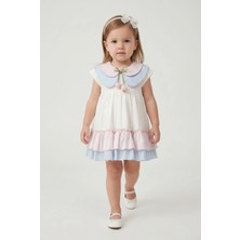 Minipomes Kız Bebek Bebe Yaka Laleli Poplin Elbise Mavi