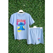 bebexy Mavi Stitch  Baskılı  Şortlu Takım