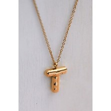 Stainless Steel Balon Harf T Kolye – Gold Minimal Çelik Kolye