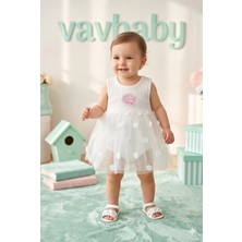 Vavbaby Kız Bebek Gül Nakışlı Tül Detaylı Tütü Elbise Beyaz