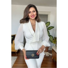Zishan Fashion Lüks Siyah Boncuk Detaylı Kadın Ikili Takım – Şifon Kollu Ceket ve Pantolon – 36-48 Geniş Beden 415