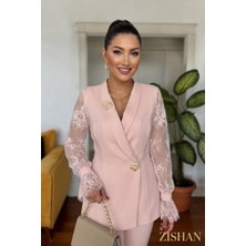 Zishan Fashion Güpür Kol Detaylı Kruvaze Blazer Ceket & Pantolon Takımı - Premium Krep Kumaş | 36055