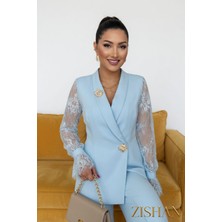Zishan Fashion Güpür Kol Detaylı Kruvaze Blazer Ceket & Pantolon Takımı - Premium Krep Kumaş | 36055
