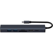 İlanib Ticaret Ally BYL-2303 7 In 1 Type-C To USB + Type-C + Ethernet + Kart Okuyucu + HDMI Dönüştürücü Çoğaltıcı H-1852
