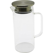 Go İthalat 1.2lt - Yuvarlak Cam Sürahi - Süzgeçli Metal Kapak Borosilikat - Termisil Isıya Dayanaklı (