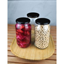 Qualitev 3 Adet Siyah Kapaklı 1 Litre Cam Kavanoz 1000 ml Konserve Kavanozu