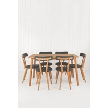 Unboxdeco Alaçatı Masif Kayın Ahşap Masa Takımı, 6 Adet Sd Nesrin Masif Kayın Ahşap Tasarım Sandalye 130X80 cm Antrasit